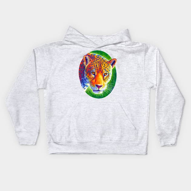 Light in the Rainforest Colorful Jaguar Kids Hoodie by rebeccawangart